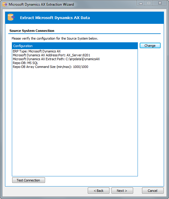 Dynamics AX Extraction Wizard – Source System Connection